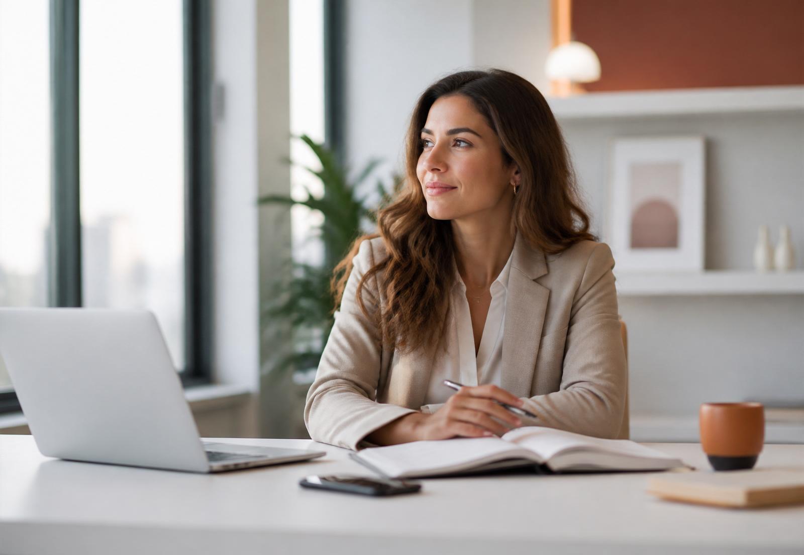 Femme professionnelle en réflexion dans un bureau moderne