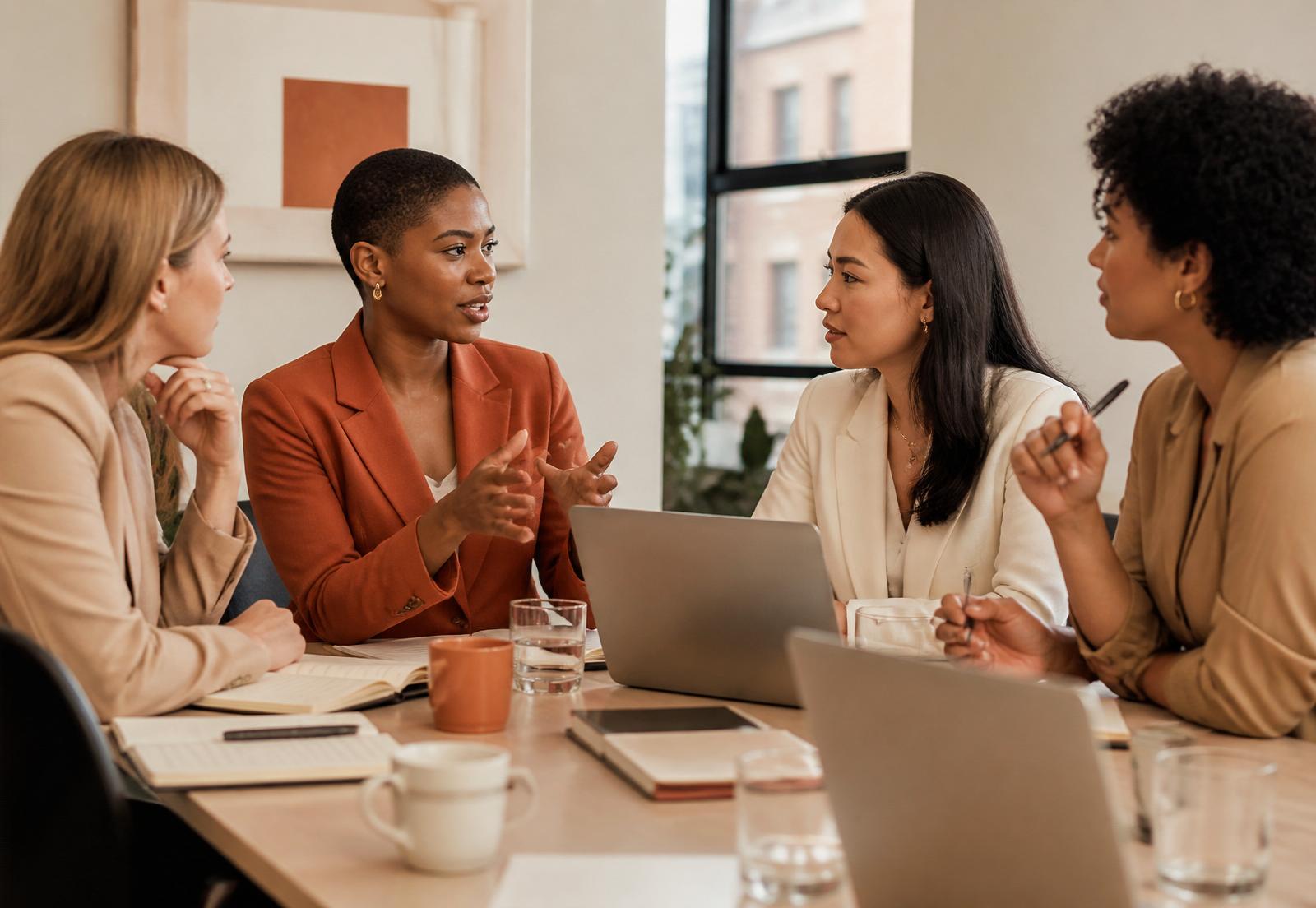 Managers et collaboratrices en réunion stratégique en entreprise